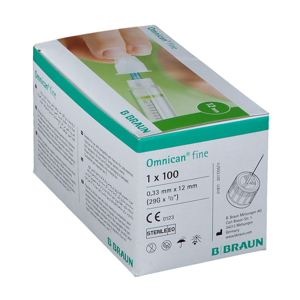 Boîte Omnican fine Penkanüle 29G 0,33 x 12mm, 100 unités. Marquage CE. Logo B. Braun.