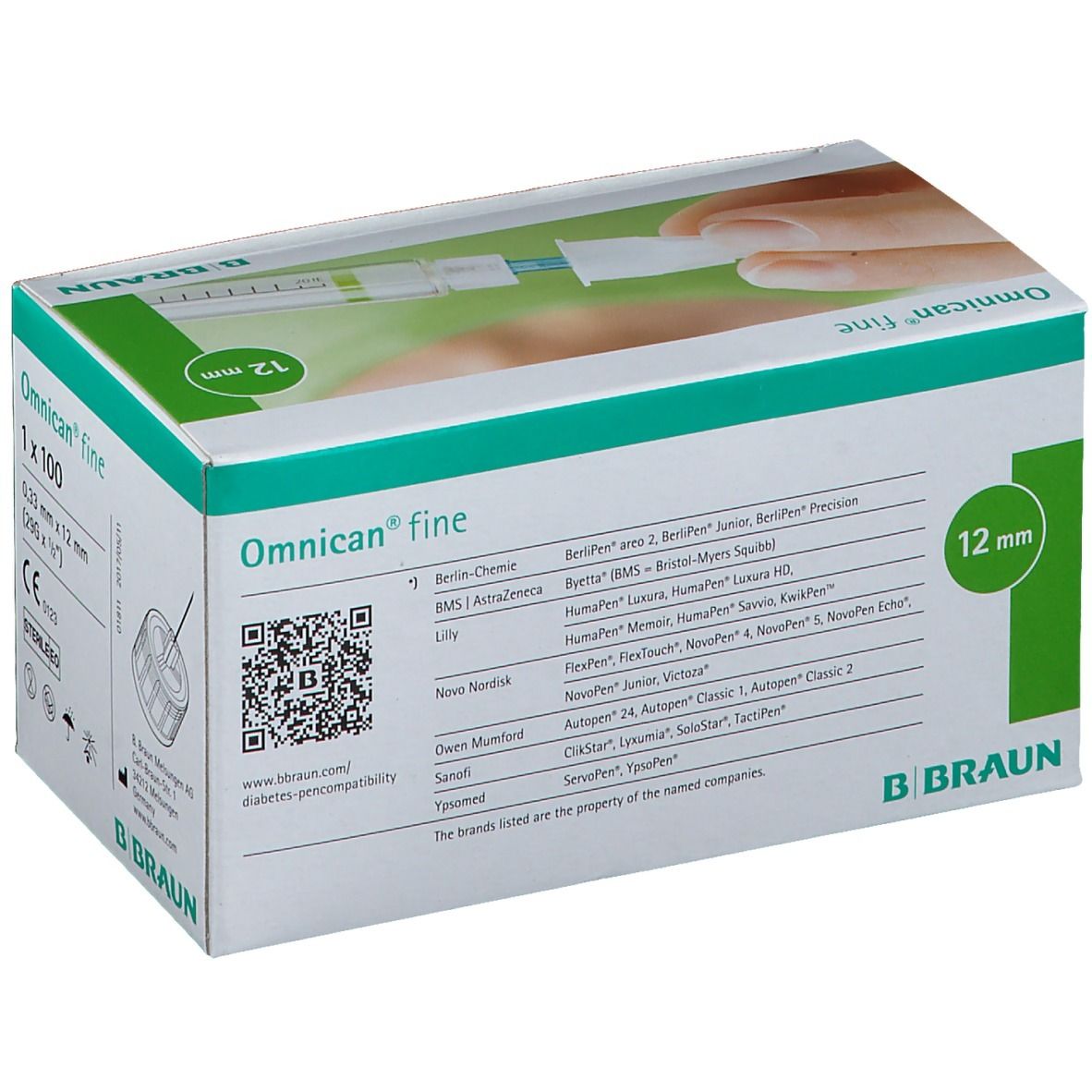 Boîte Omnican fine Penkanüle 29G 0,33 x 12mm, 100 unités. Liste de compatibilité. Logo B. Braun.
