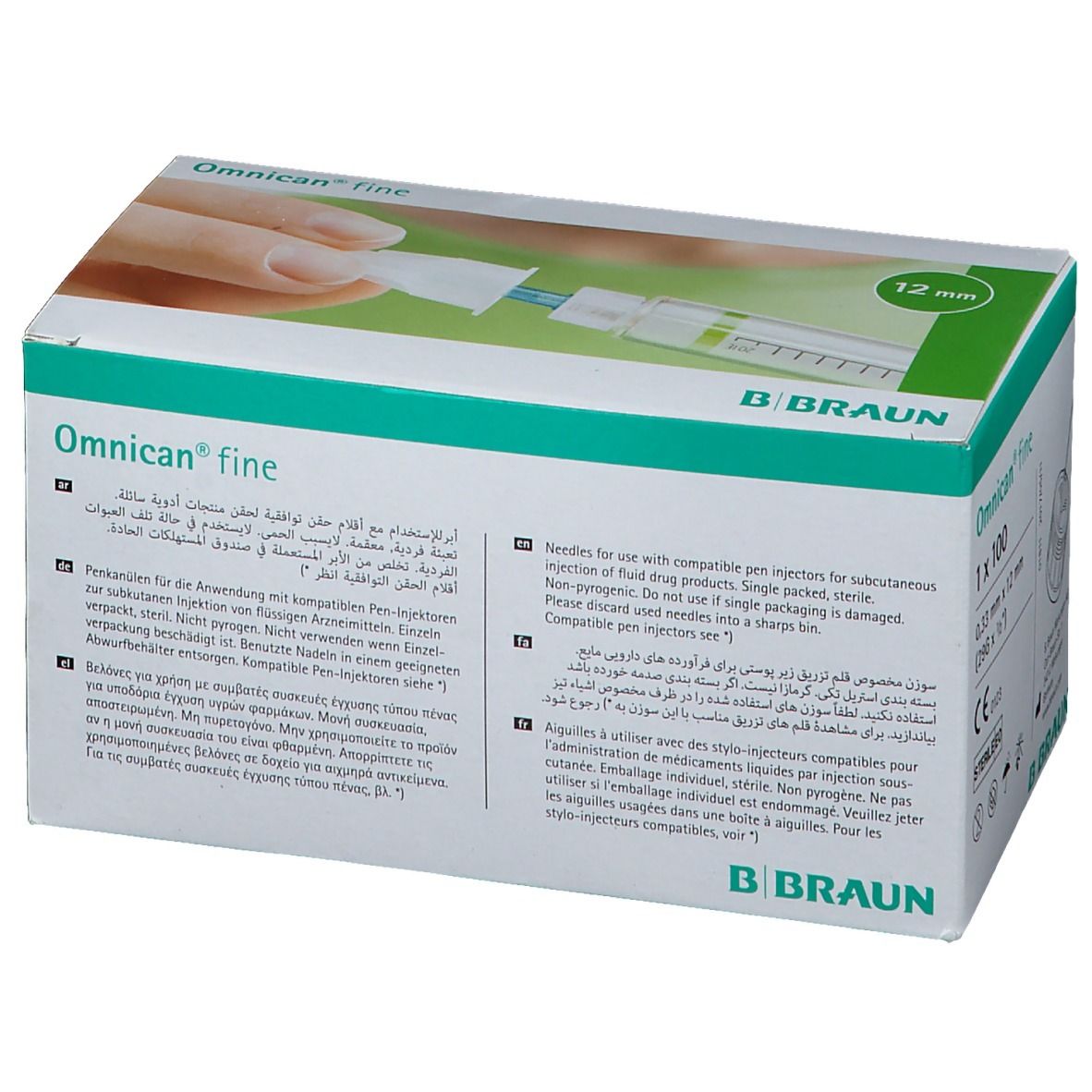 Boîte Omnican fine Penkanüle 29G 0,33 x 12mm, 100 unités. Logo B. Braun.