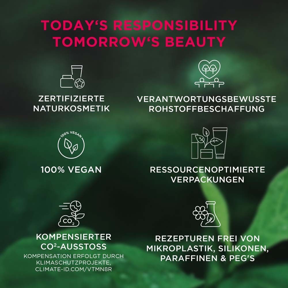 Infographie avec logos et textes sur le développement durable et les cosmétiques naturels. Certifications, vegan, CO2.