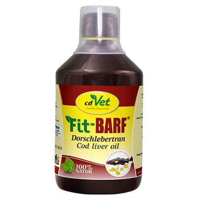 Bouteille marron avec étiquette jaune et rouge. Inscription: cd Vet Fit-BARF Huile de foie de morue. 100% Naturel. Logo vert.