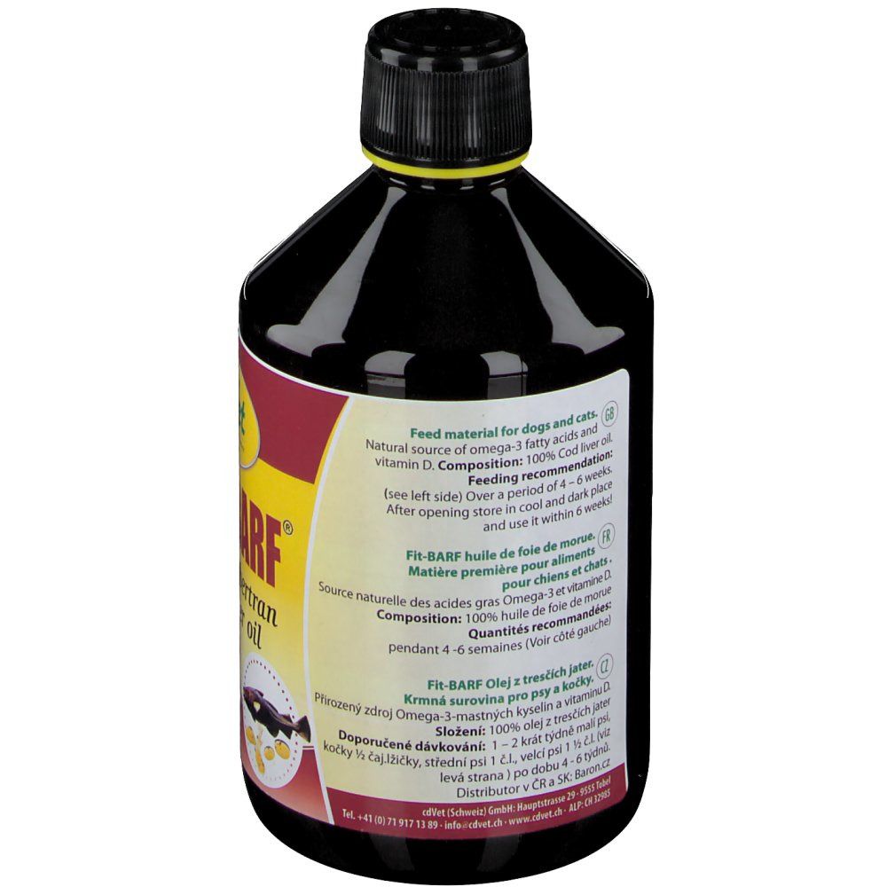 Bouteille marron avec bouchon noir. Dos avec texte. Inscription: Fit-BARF, Huile de foie de morue. Texte en allemand, anglais, français, tchèque.