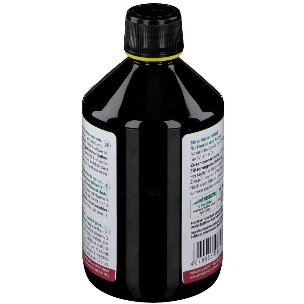 Bouteille marron avec bouchon noir. Dos avec texte. Inscription: Fit-BARF, Huile de foie de morue. Texte en allemand, anglais, français, tchèque.