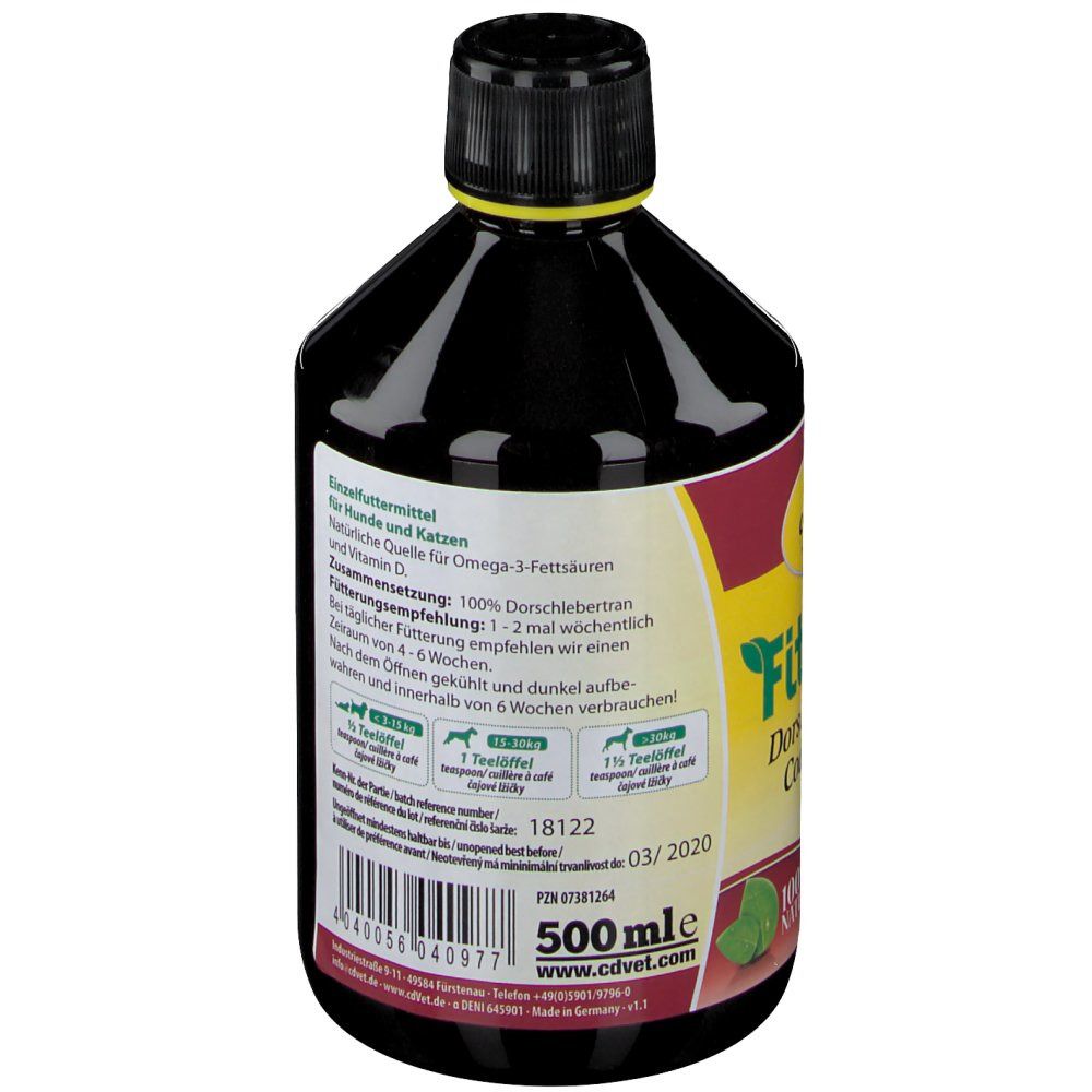 Bouteille marron avec bouchon noir. Inscription: Fit-BARF Huile de foie de morue. 500ml. Texte en allemand, anglais, français, tchèque.