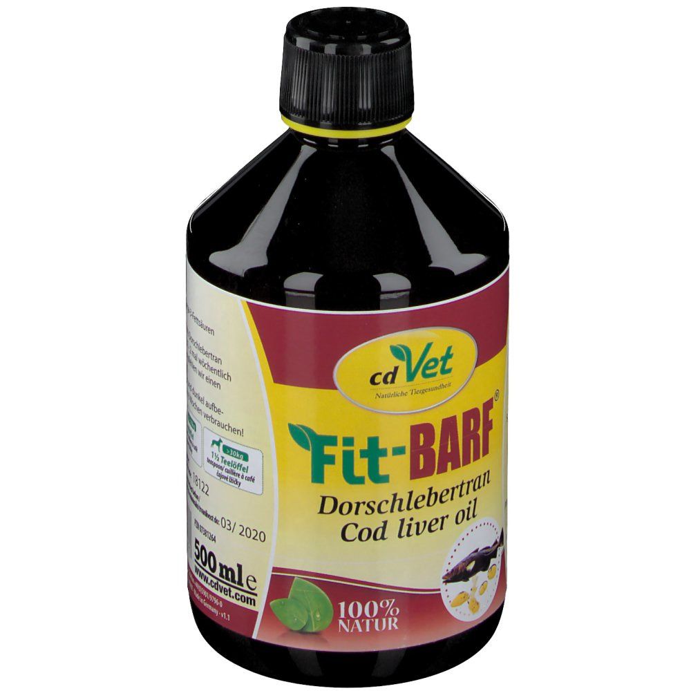 Bouteille marron avec bouchon noir. Inscription: cd Vet Fit-BARF Huile de foie de morue. 500ml. Logo.