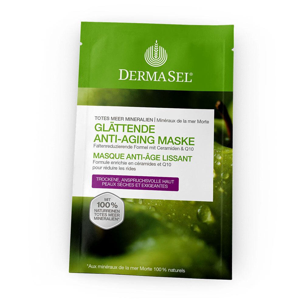 Emballage vert avec nom et logo du produit. Texte: Masque anti-âge lissant. Avec 100% de minéraux naturels.