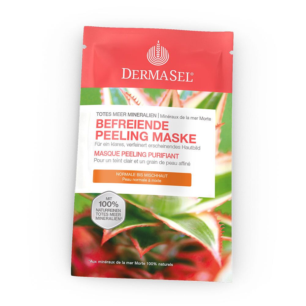 Sachet de masque peeling DERMASEL®. Fond rouge, nom du produit et texte en allemand et français. Motif aloe vera.