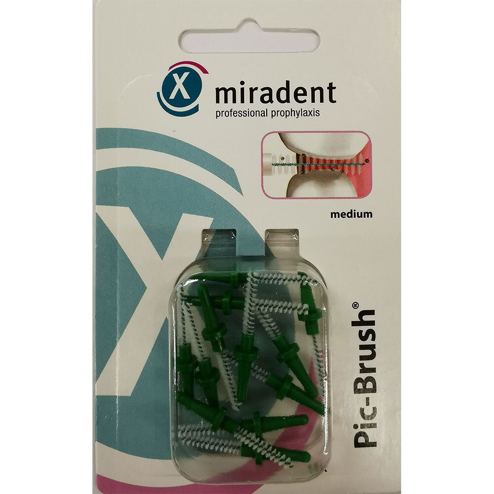 Paquet de brosses de remplacement Pic-Brush vertes. Marque : Miradent. "Medium" sur l'emballage.