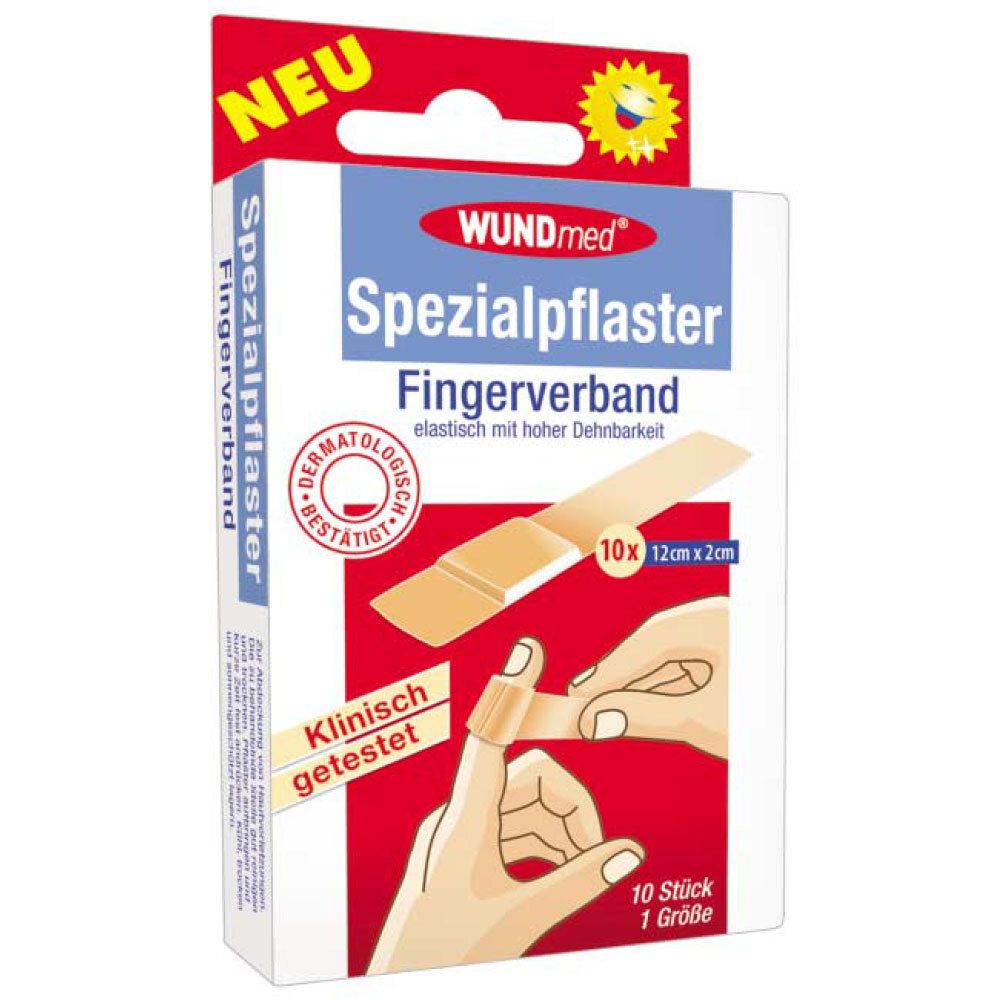 Emballage de pansements pour doigts WUNDmed. Inscription : Spezialpflaster, Fingerverband. 10 pièces, 12 x 2 cm. Testé dermatologiquement.