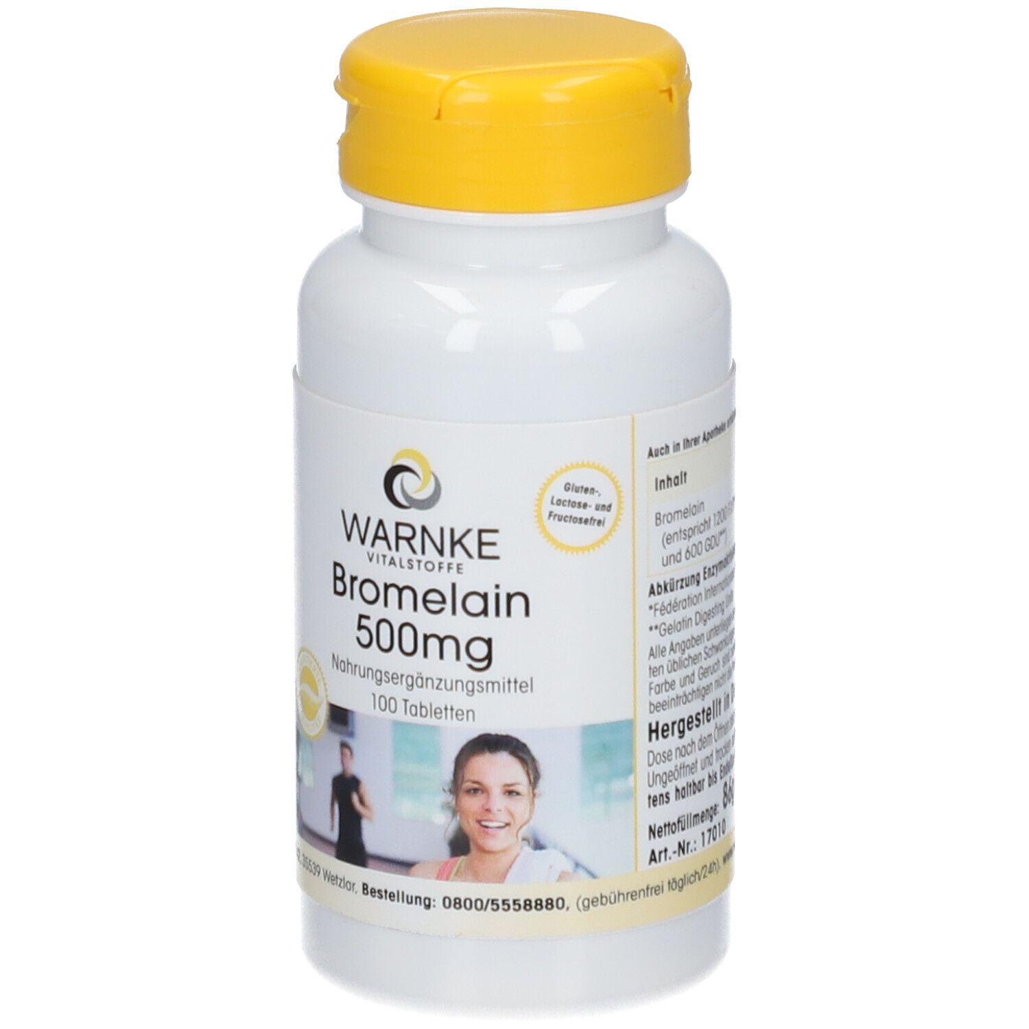 Flacon de comprimés blanc avec couvercle jaune. Inscription : WARNKE Bromelain 500mg. 100 comprimés. Femme dans un gymnase.