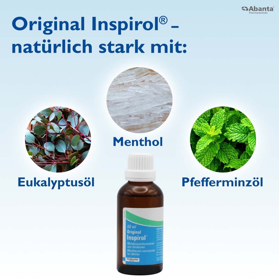 Flacon avec ingrédients: huile d'eucalyptus, menthol, huile de menthe poivrée. Inscription: Original Inspirol. Abanta Pharma.