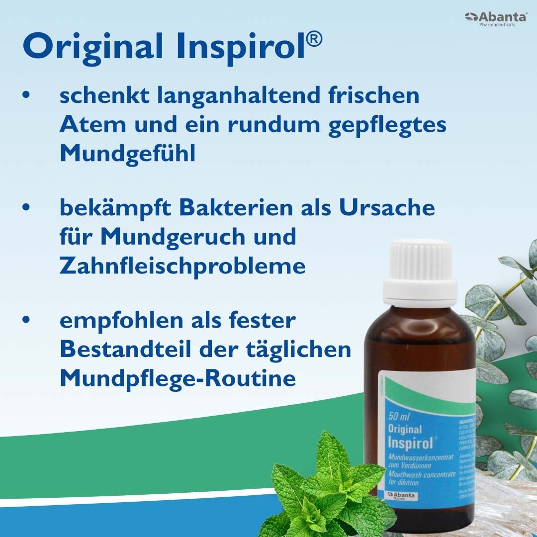 Flacon avec texte: rafraîchit l'haleine, combat les bactéries, recommandé pour les soins bucco-dentaires. Original Inspirol. Abanta Pharma.