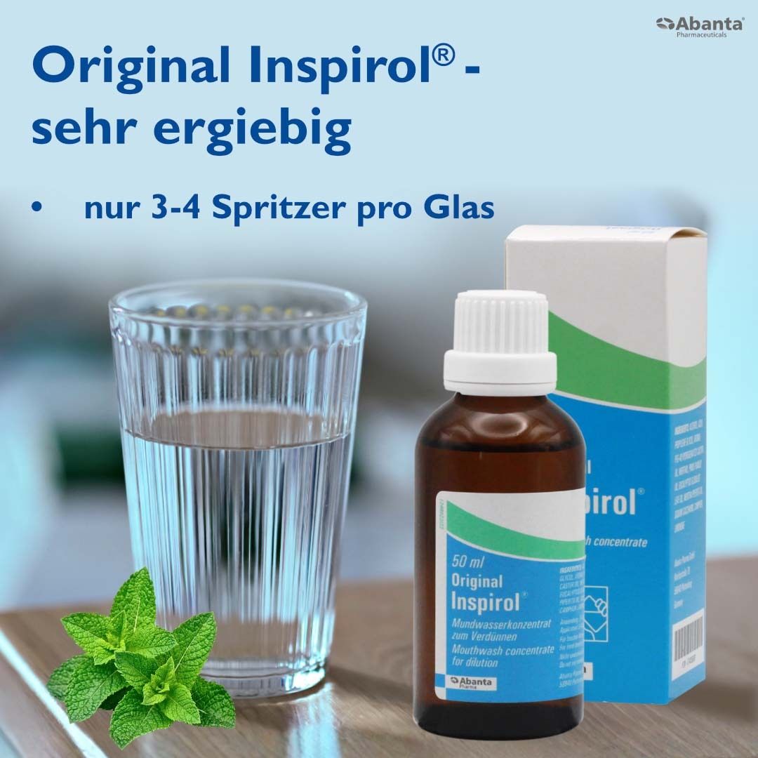 Verre d'eau, flacon et boîte. Inscription: Original Inspirol. Seulement 3-4 pulvérisations par verre. Abanta Pharma.