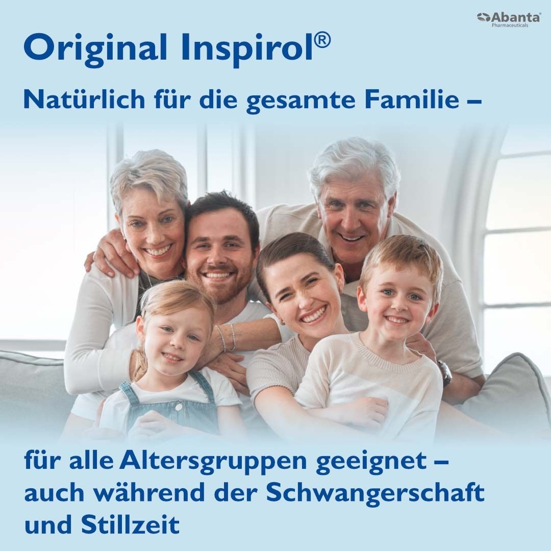 Famille souriante. Inscription: Original Inspirol. Convient à tous les âges, y compris pendant la grossesse. Abanta Pharma.