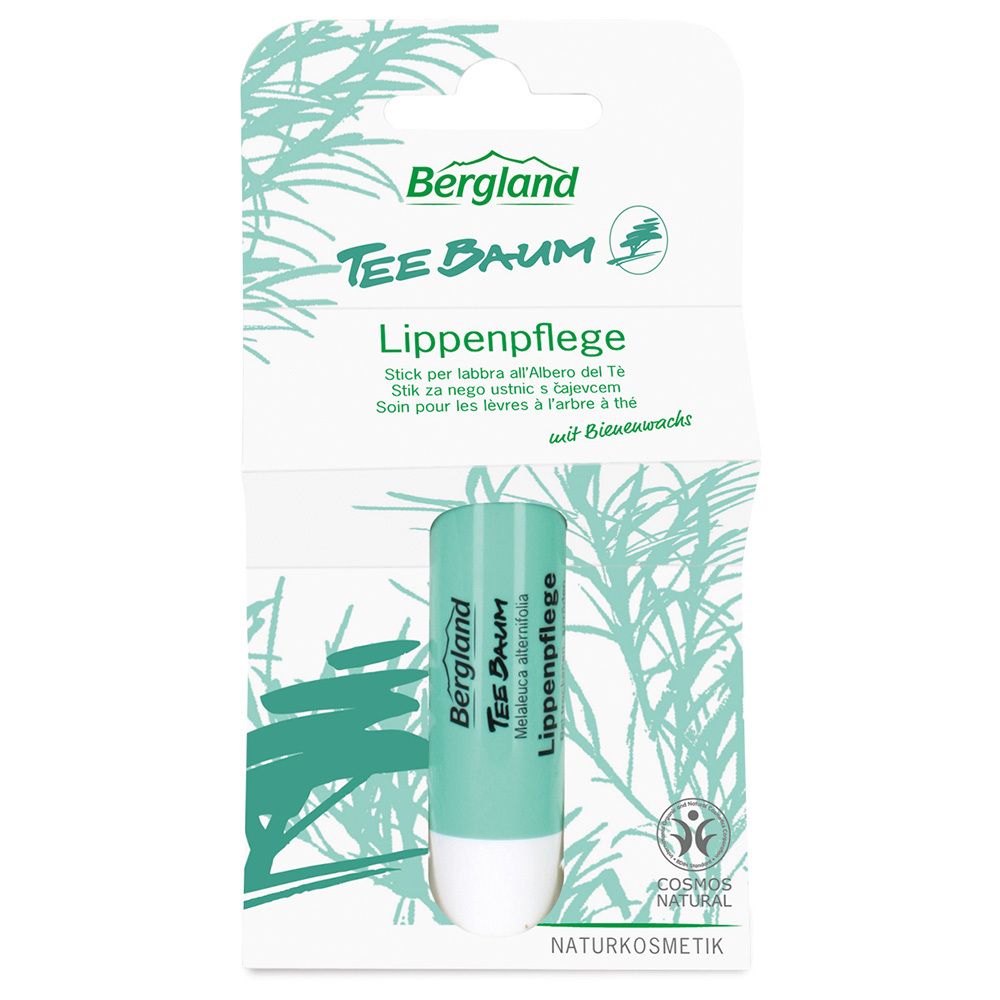 Stick pour les lèvres dans son emballage. Étui vert et blanc avec texte. Marque : Bergland. Cosmétiques naturels.