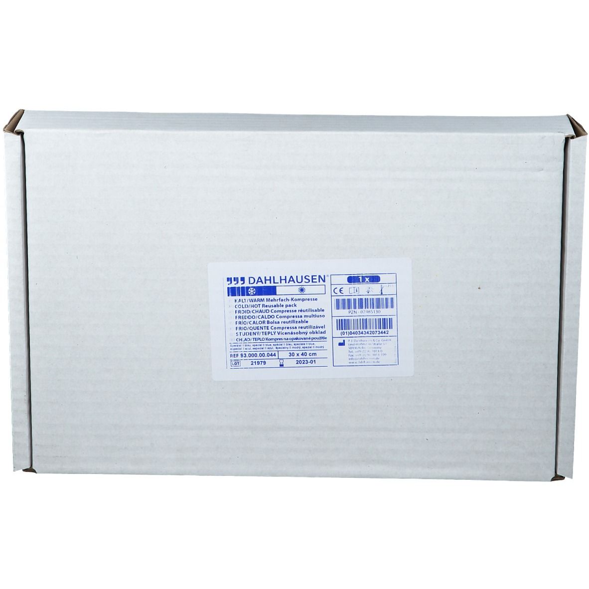 Emballage en carton. Étiquette avec informations produit et code-barres. Marque : Dahlhausen. Dimensions : 30 x 40 cm.