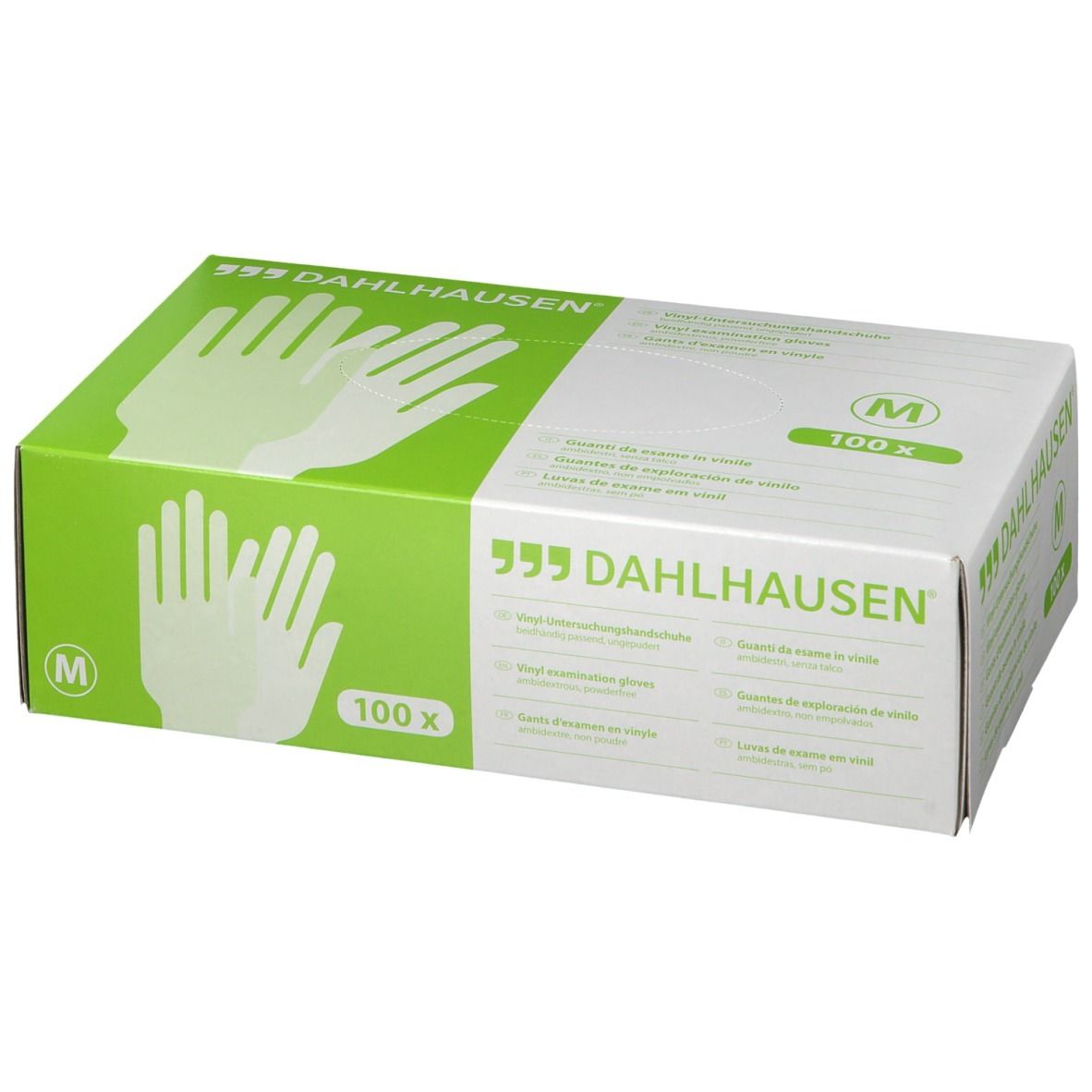 Boîte de gants DAHLHAUSEN, taille M, 100 pièces. Emballage vert et blanc avec illustrations de gants.