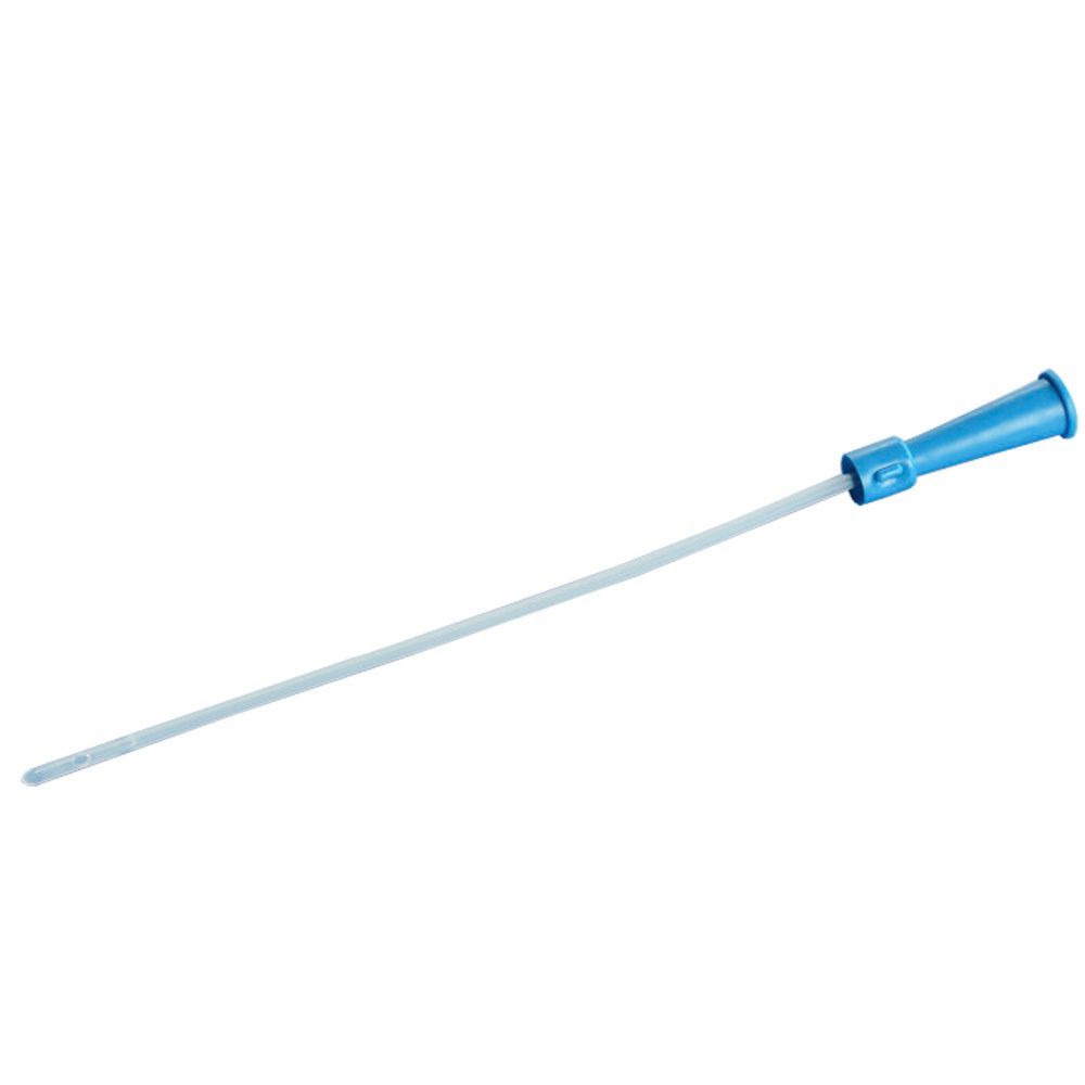 Cathéter bleu avec poignée bleue. Tube fin et flexible. Dispositif médical.