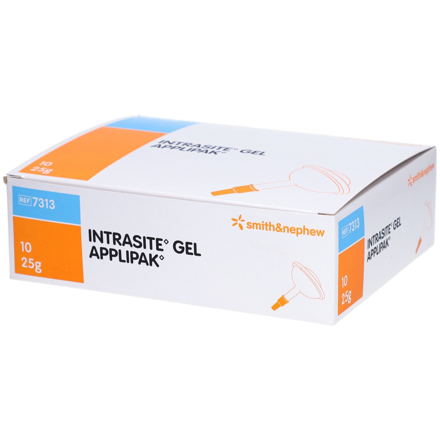 Boîte INTRASITE GEL APPLIPAK. Inscription : 10 x 25g. Logo Smith & Nephew.