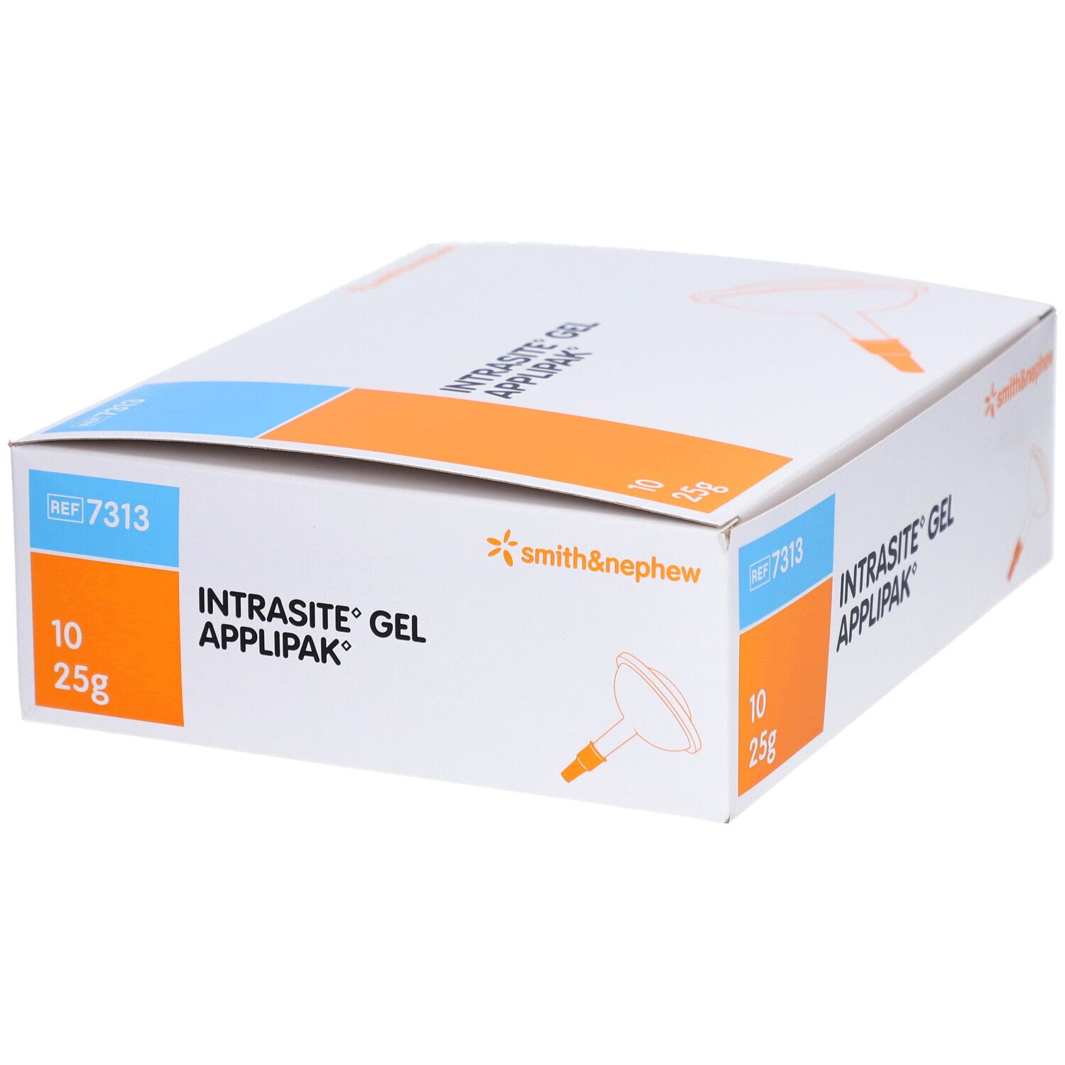 Boîte INTRASITE GEL APPLIPAK. Inscription : 10 x 25g. Logo Smith & Nephew.