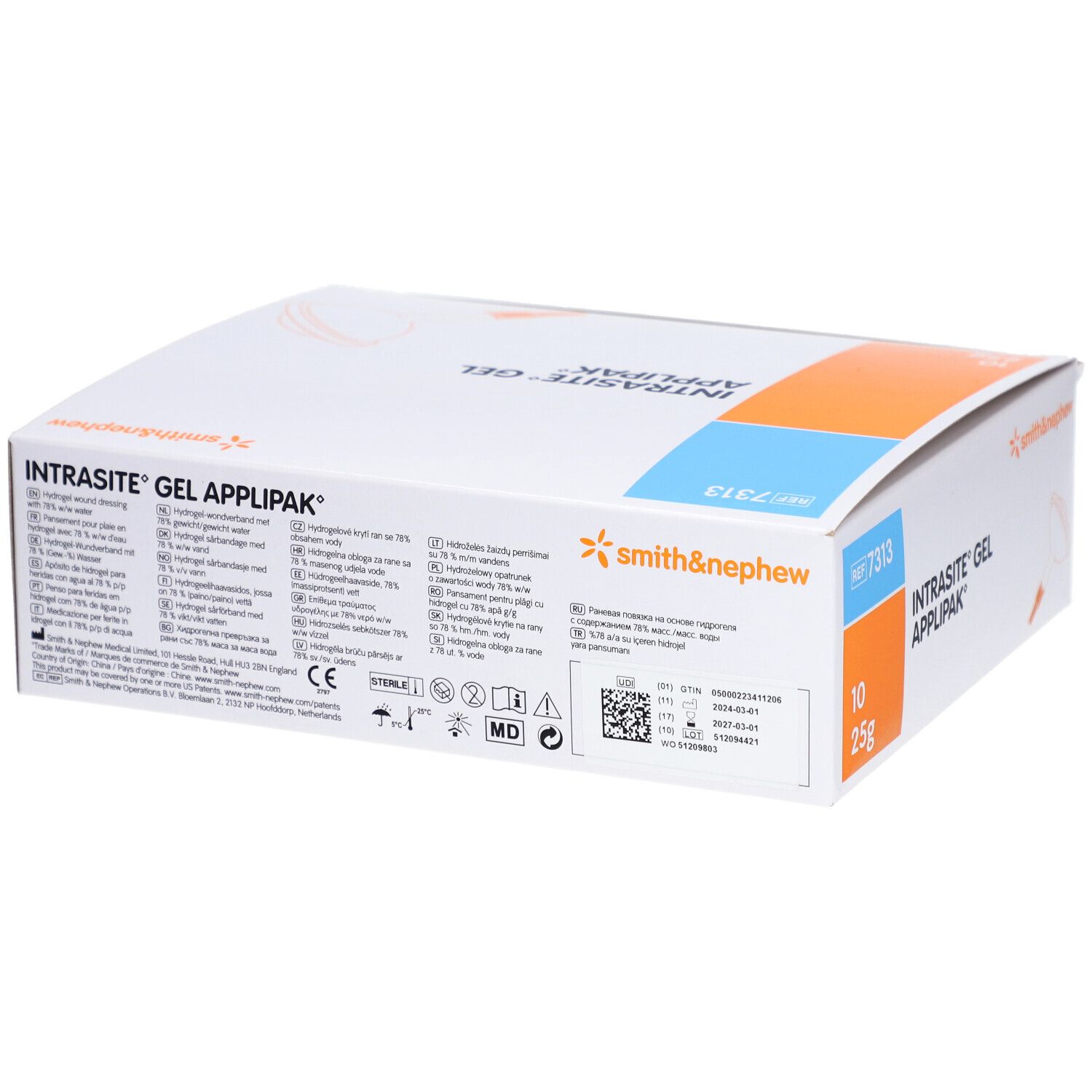 Boîte INTRASITE GEL APPLIPAK. Inscription : 10 x 25g. Logo Smith & Nephew. Informations supplémentaires.