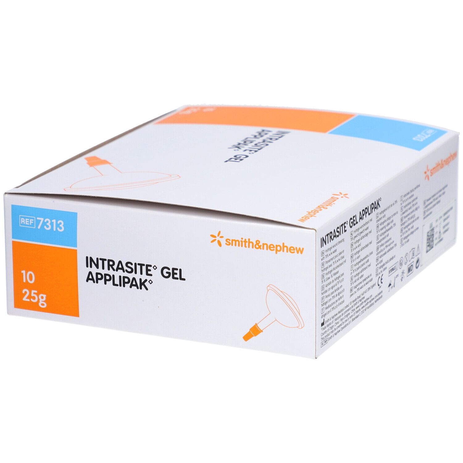 Boîte INTRASITE GEL APPLIPAK. Inscription : 10 x 25g. Logo Smith & Nephew.