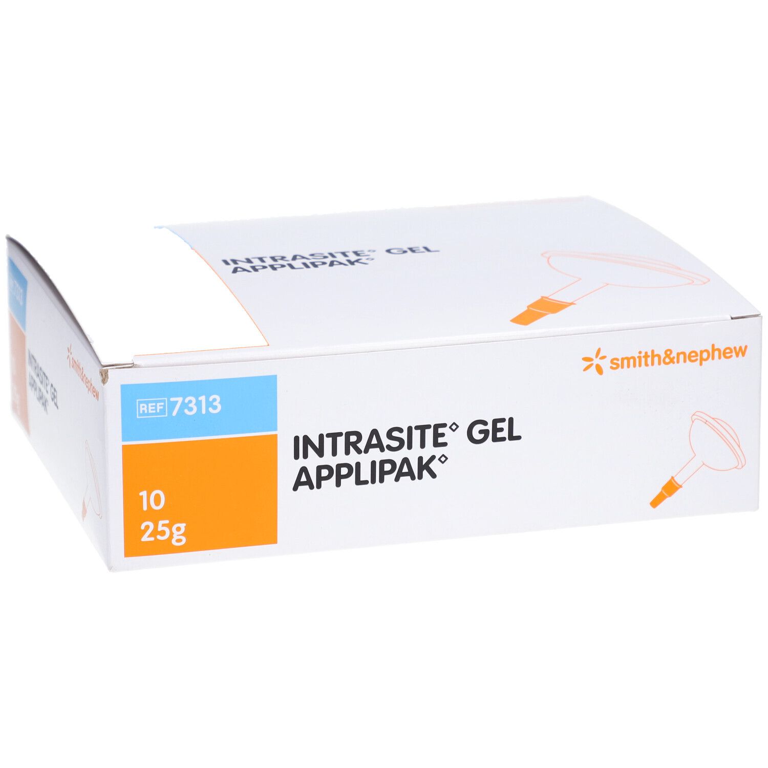 Boîte INTRASITE GEL APPLIPAK. Inscription : 10 x 25g. Logo Smith & Nephew.