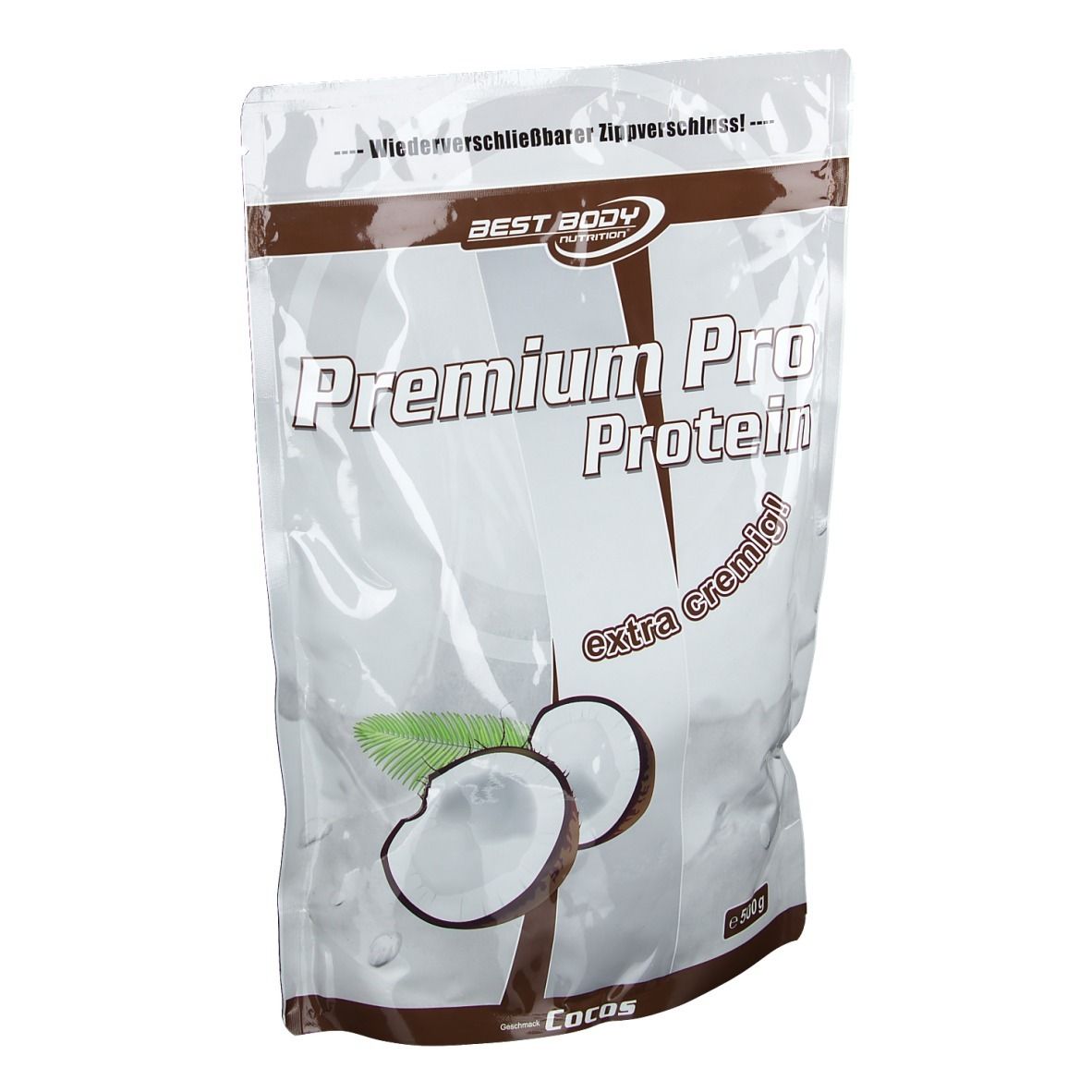 Sachet de Best Body Nutrition Premium Pro Protein, noix de coco. Inscriptions : Premium Pro Protein, extra crémeux, noix de coco. Illustration de noix de coco.