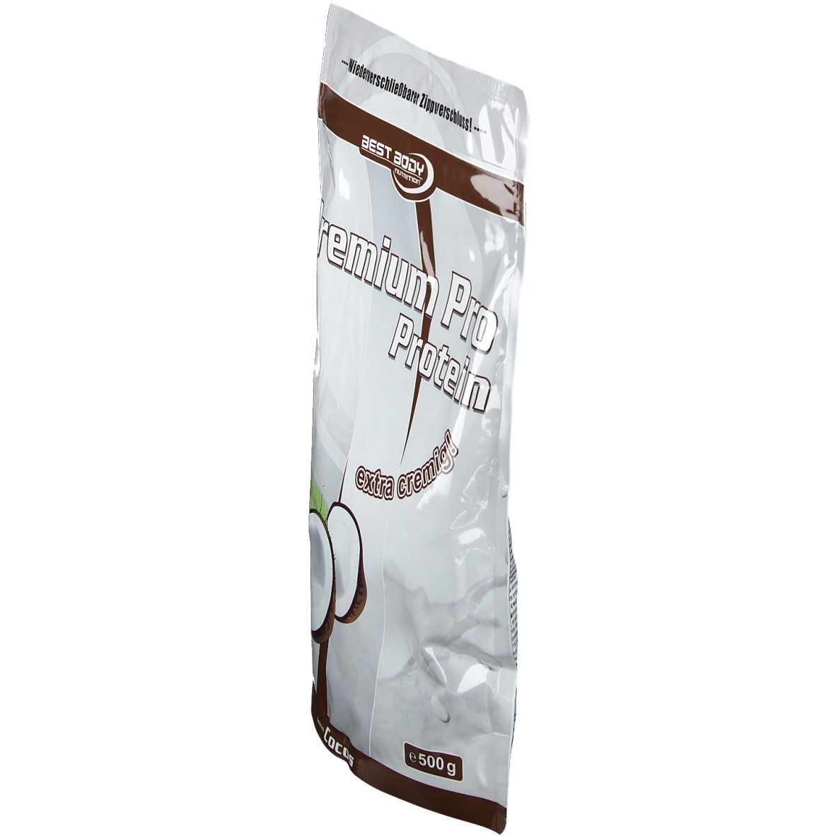 Sachet incliné de Best Body Nutrition Premium Pro Protein, noix de coco. Inscriptions : Premium Pro Protein, extra crémeux, noix de coco. 500g.