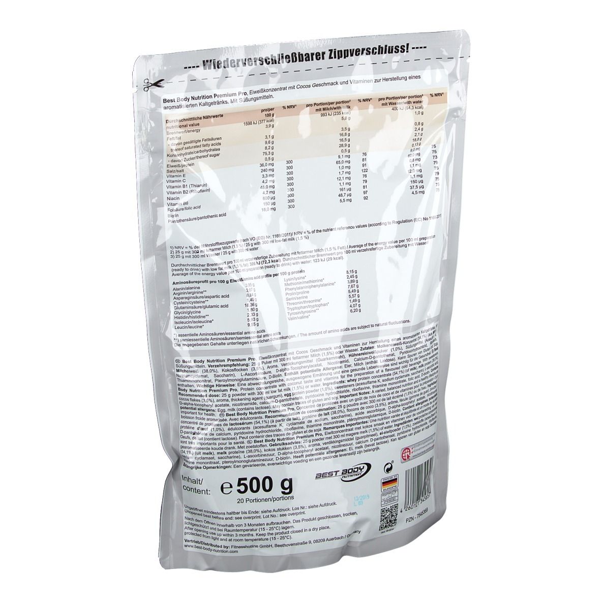 Dos du sachet de Best Body Nutrition Premium Pro Protein. Texte avec informations nutritionnelles et ingrédients. 500 g. Avec sceaux.