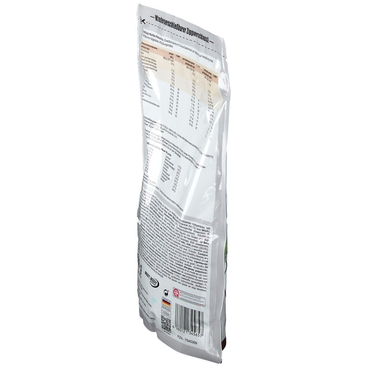 Dos incliné du sachet de Best Body Nutrition Premium Pro Protein. Texte avec informations nutritionnelles et ingrédients. Sceaux.