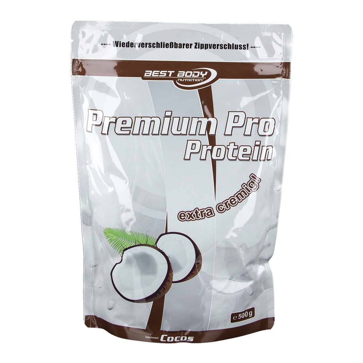 Sachet de Best Body Nutrition Premium Pro Protein, noix de coco. Inscriptions : Premium Pro Protein, extra crémeux, noix de coco. 500g.