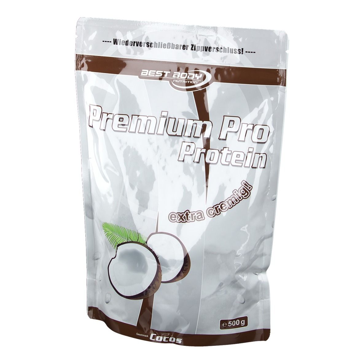 Sachet de Best Body Nutrition Premium Pro Protein, noix de coco. Inscriptions : Premium Pro Protein, extra crémeux, noix de coco. 500g.
