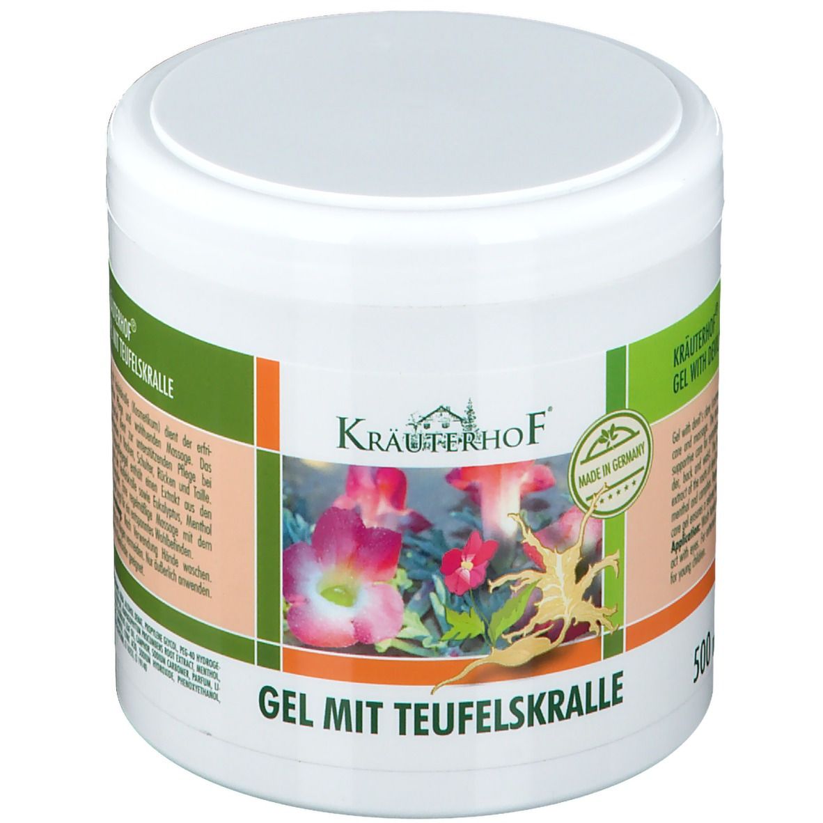 Pot blanc avec couvercle. Inscription : Kräuterhof, Gel mit Teufelskralle, illustrations de fleurs et de racines. Sceau : Made in Germany.