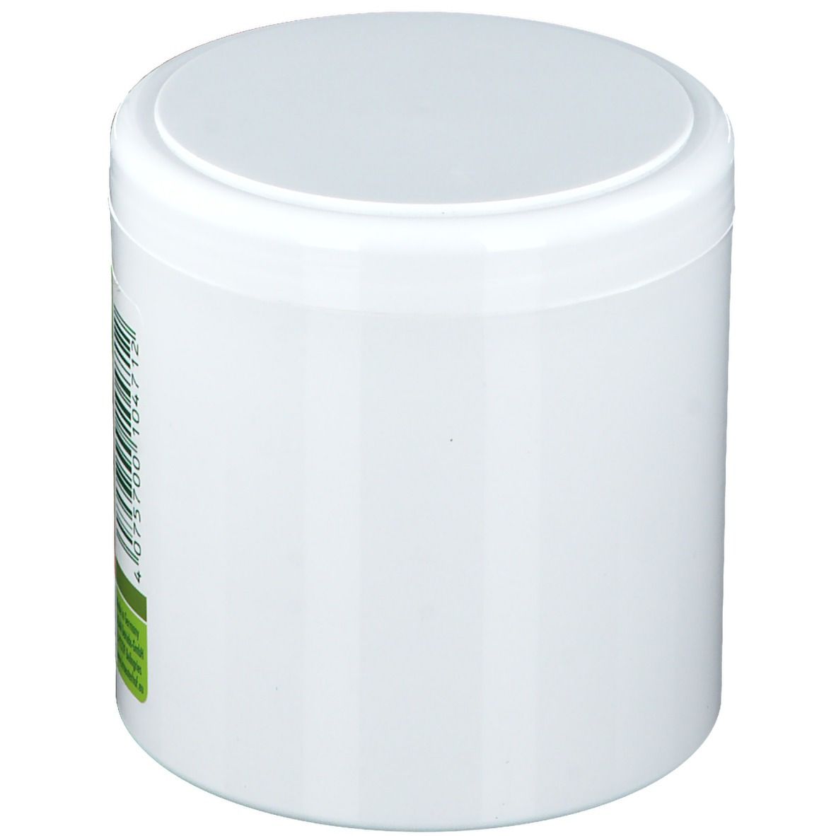Pot blanc avec couvercle. Vue latérale. Étiquette avec code-barres et texte sur fond vert.