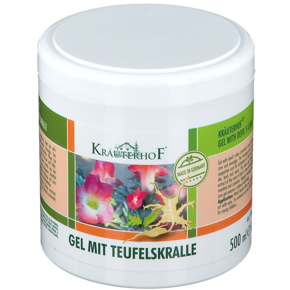 Pot blanc avec couvercle. Inscription : Kräuterhof, Gel mit Teufelskralle, illustrations de fleurs et de racines. Sceau : Made in Germany, 500 ml.