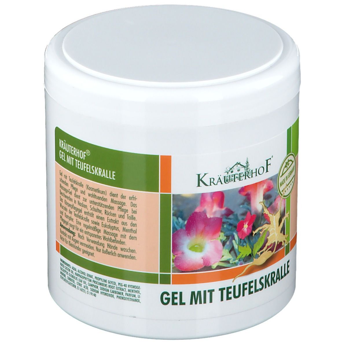 Pot blanc avec couvercle. Inscription : Kräuterhof, Gel mit Teufelskralle, illustrations de fleurs et de racines. 500 ml.