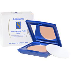 Poudre compacte bleue avec miroir et houppette. Inscription: Sulfoderm, Teint Kompakt-Puder Natur.