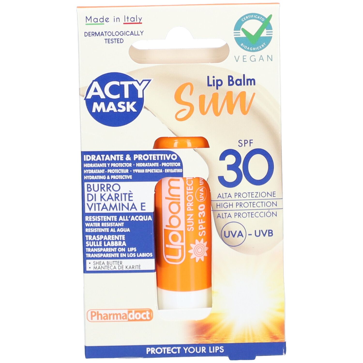 Labello® Sun Protect LSF 30. Stick orange, capuchon blanc, dans emballage. Texte: Sun, SPF 30, vegan.