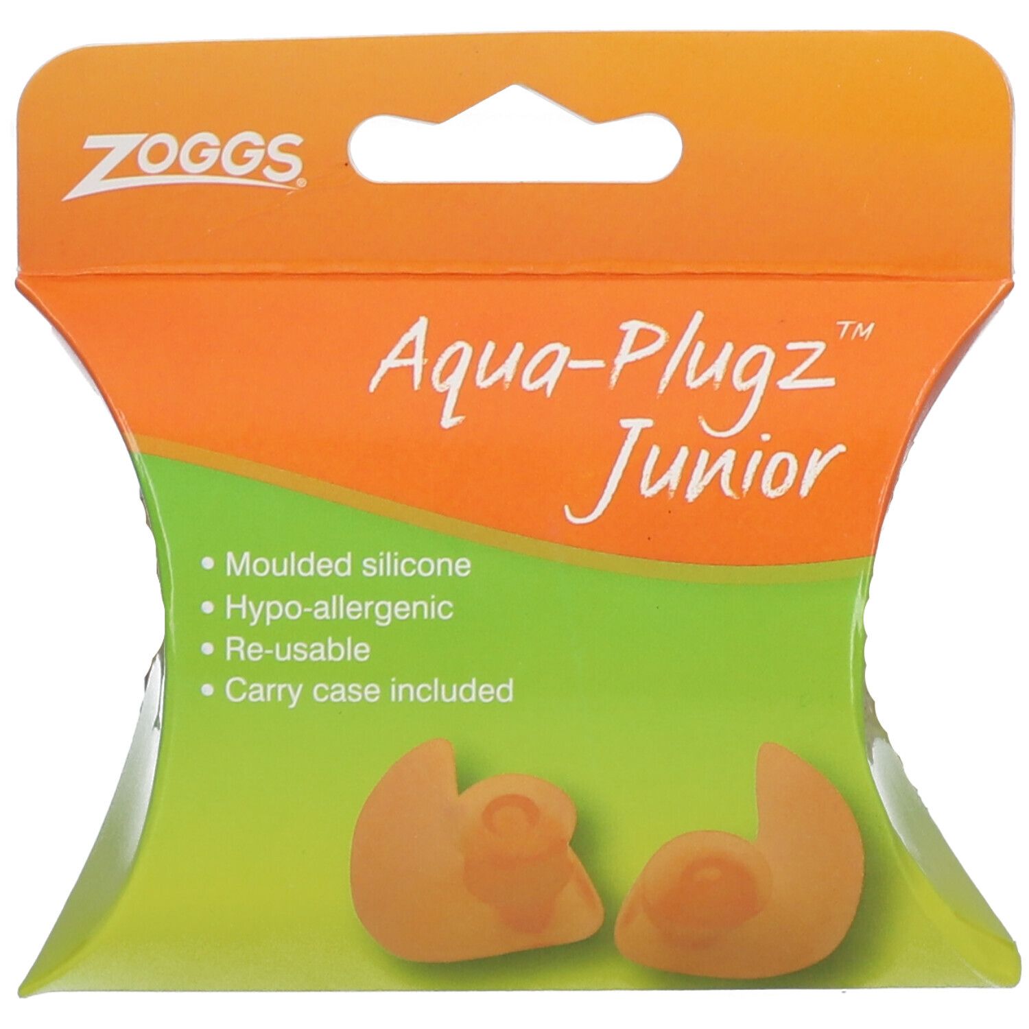 Bouchons d'oreille dans un emballage. Bouchons d'oreille en silicone orange. Emballage avec nom et caractéristiques du produit.