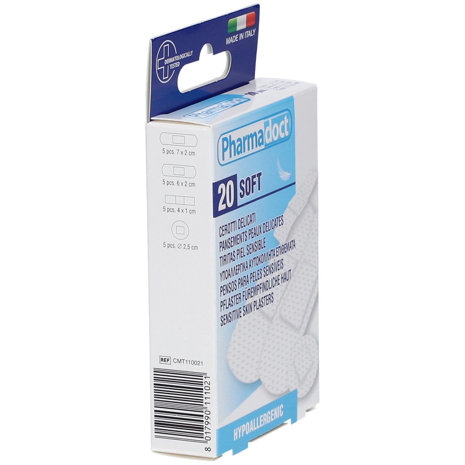 Vue latérale de la boîte de pansements. Marque Pharmadoct, 20 pièces, doux. Tailles indiquées sur le côté. Fabriqué en Italie.