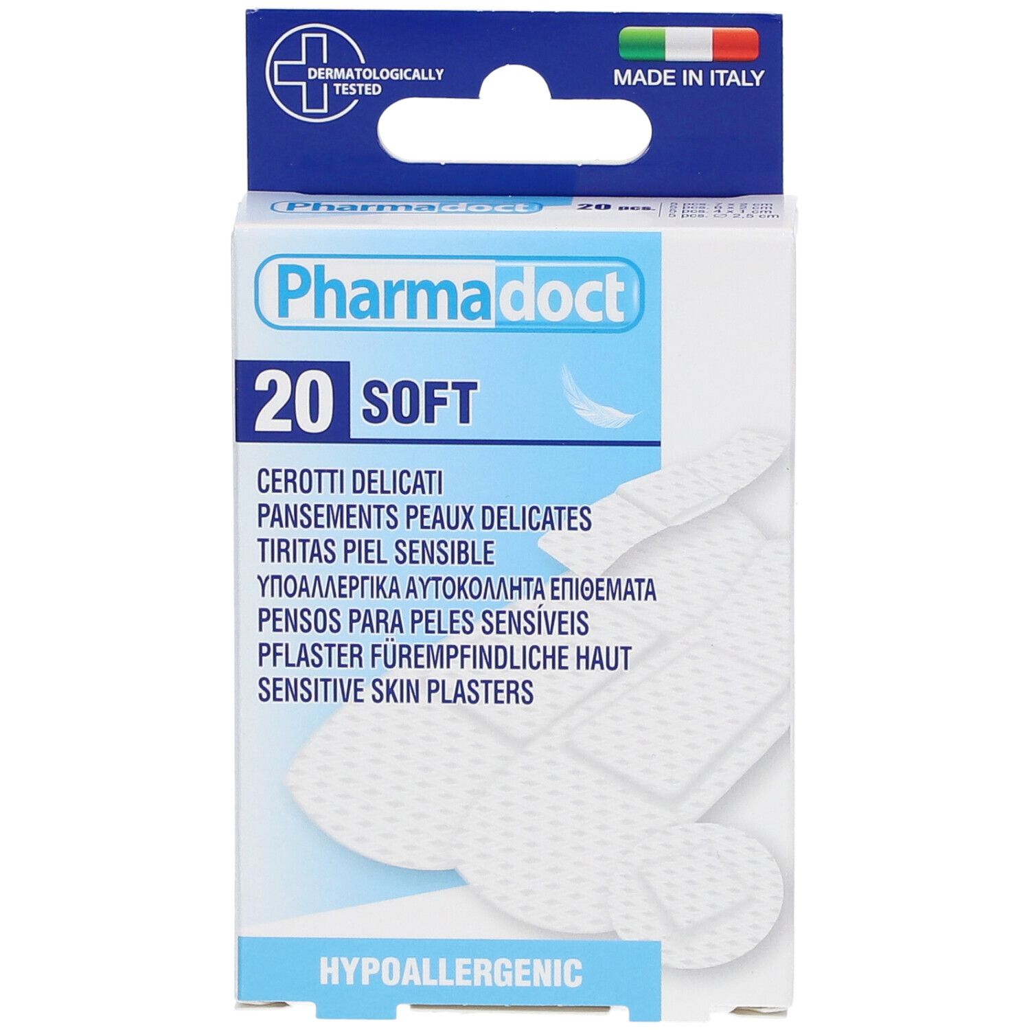 Boîte de pansements pour peaux délicates. Marque Pharmadoct, 20 pièces, doux et hypoallergéniques. Fabriqué en Italie.