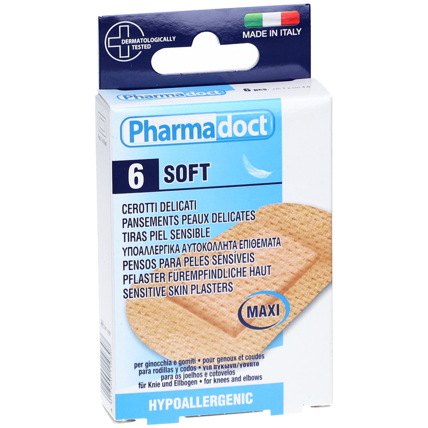 Boîte de pansements Pharmadoct pour peaux sensibles, 6 unités. Fabriqué en Italie. Avec crochet de suspension.