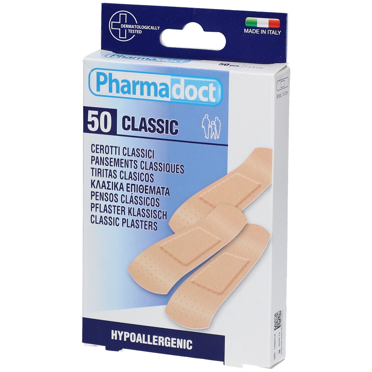 Boîte de pansements Pharmadoct 50 Classic. Pansements beiges. Testé dermatologiquement, Fabriqué en Italie. Hypoallergénique.