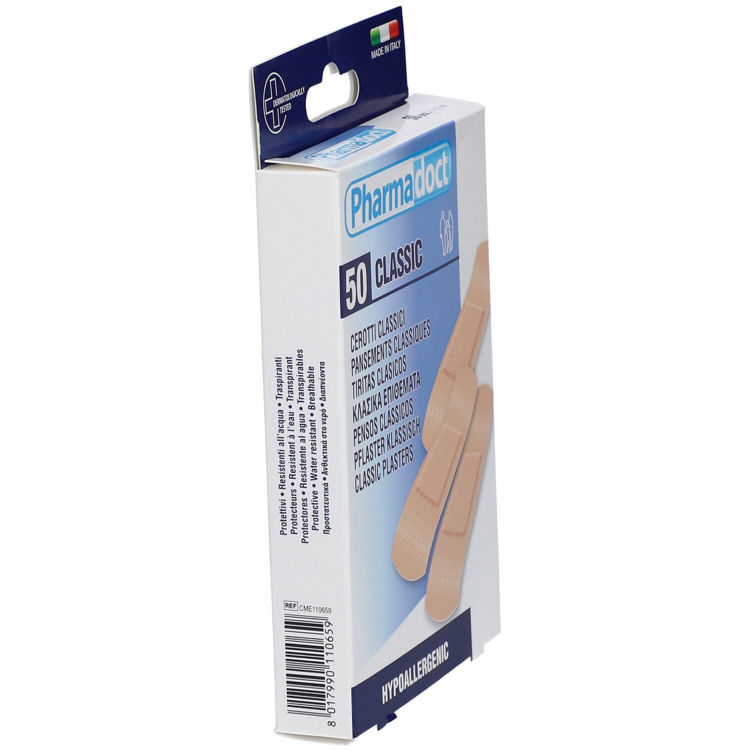 Vue latérale de la boîte de pansements. Pharmadoct 50 Classic. Pansements beiges. Fabriqué en Italie. Hypoallergénique.