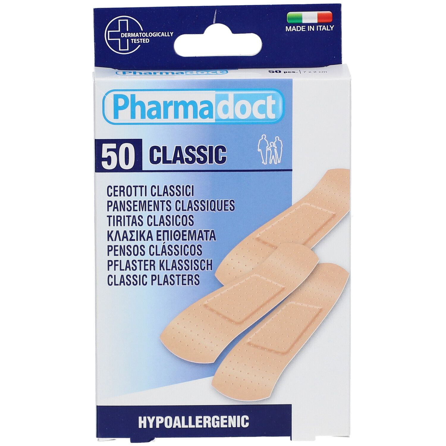 Boîte de pansements Pharmadoct 50 Classic. Pansements beiges. Testé dermatologiquement, Fabriqué en Italie. Hypoallergénique.