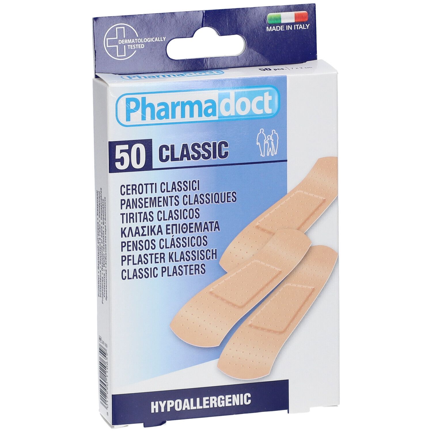 Boîte de pansements Pharmadoct 50 Classic. Pansements beiges. Testé dermatologiquement, Fabriqué en Italie. Hypoallergénique.