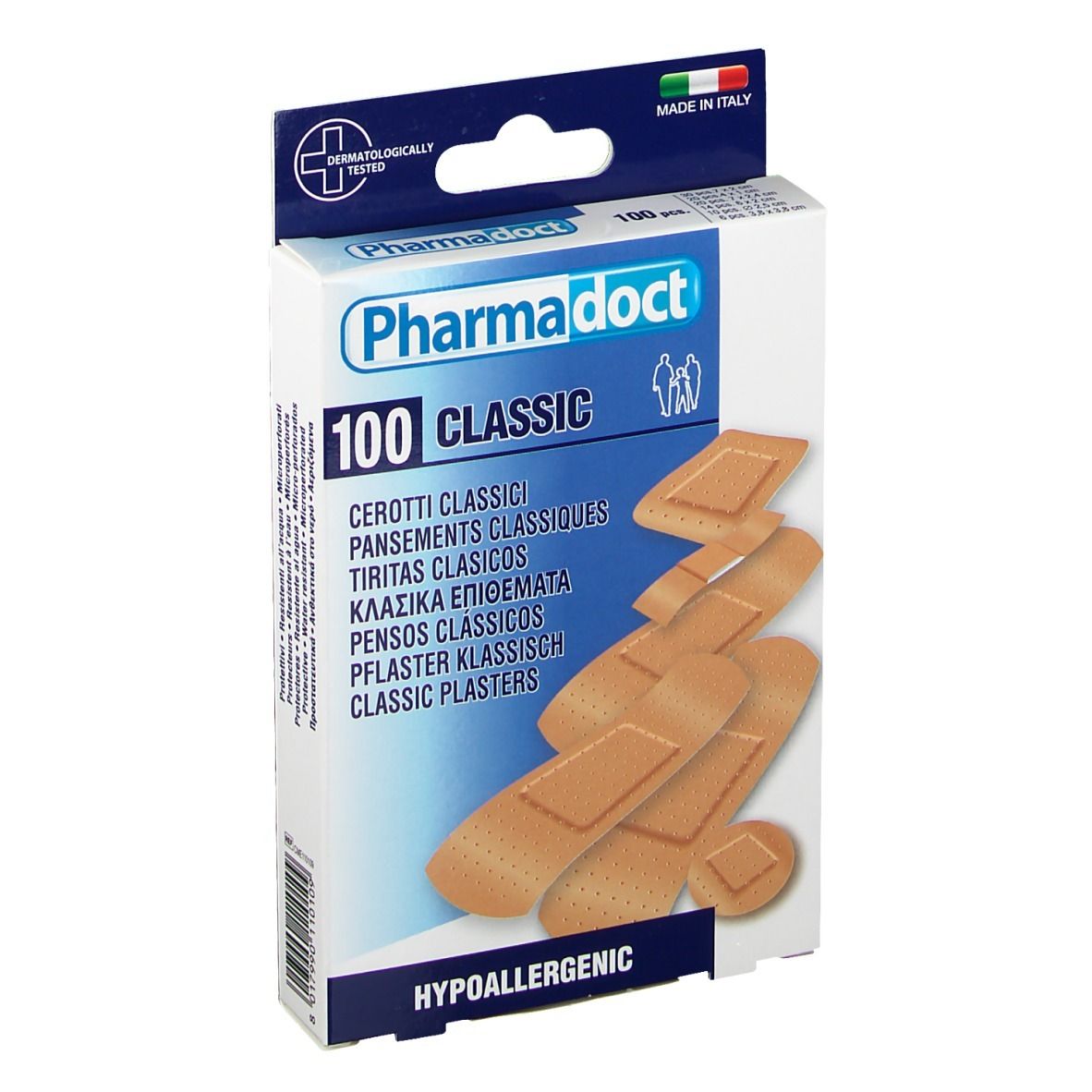 Boîte de pansements Pharmadoct 100 Classic. Différentes formes et tailles de pansements.