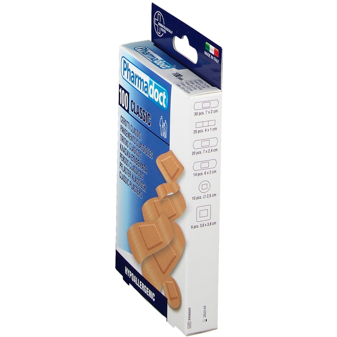 Vue latérale de la boîte de pansements. Contient différentes tailles. Marque Pharmadoct, 100 Classic.