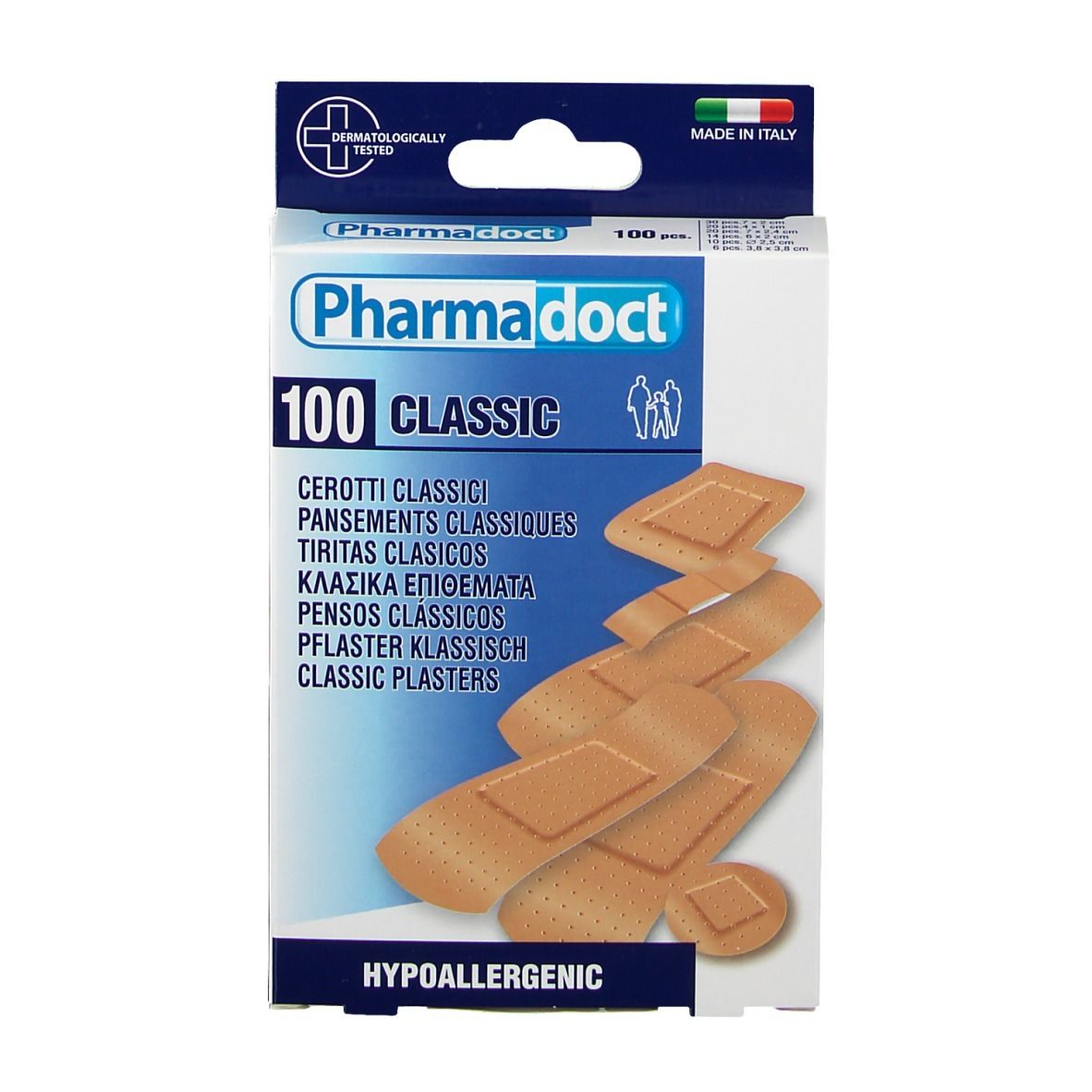 Boîte de pansements Pharmadoct 100 Classic. Différentes formes et tailles de pansements.